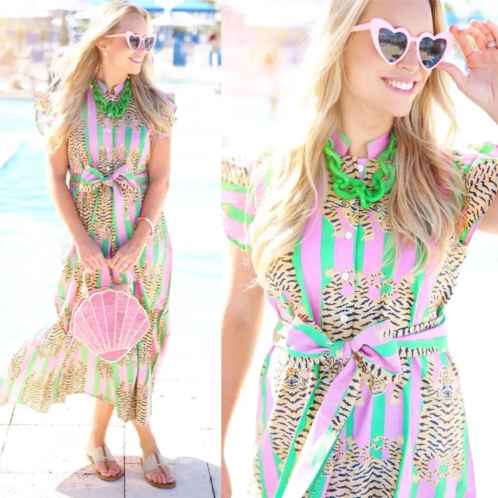 Darlington Isle Lola Tiger Printed Cotton Maxi Dress Pink Green Multi Large EUC